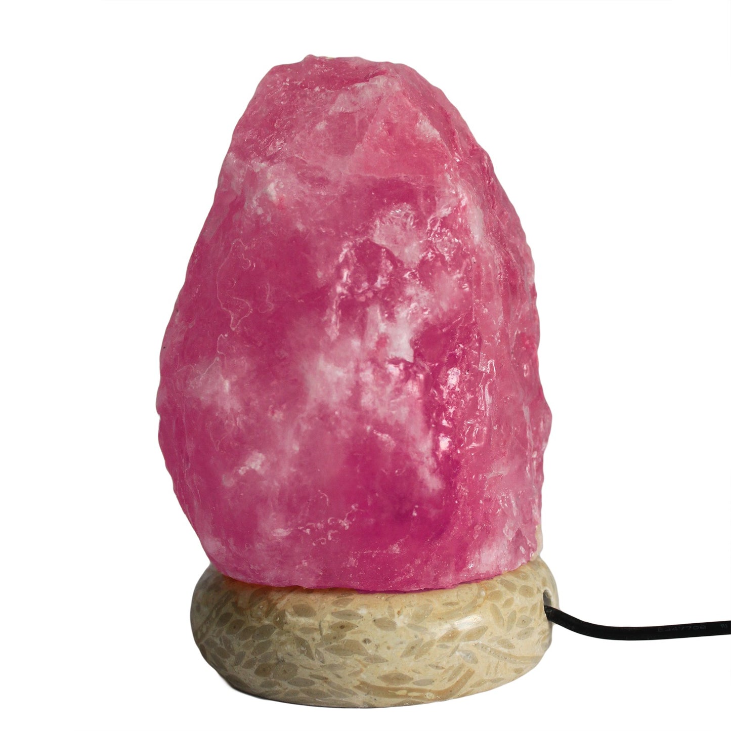 Close up image of pink salt lamp on wooden base