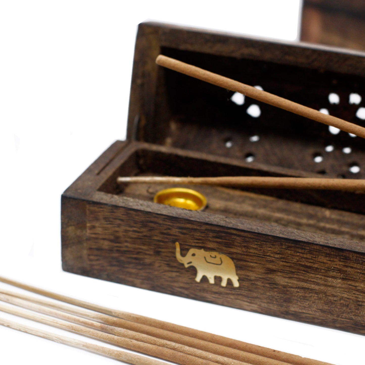 Two wooden incense holder boxes, one opened, showcasing its interior with space for incense sticks-cones. shows one brass inlay elephant in detail close up along the side