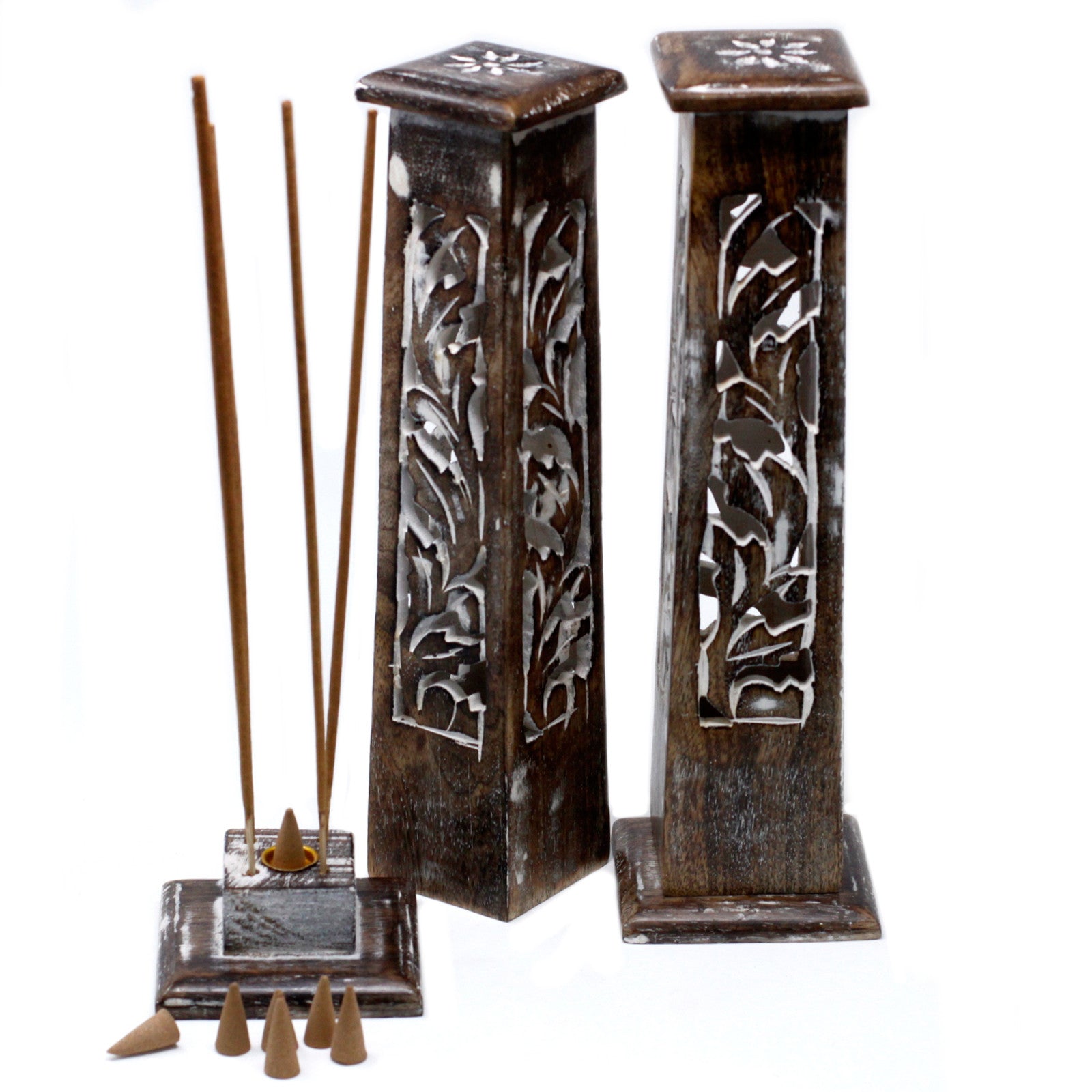 Image of 2 incense holders, burners. Base is on display showing how it can hold multiple incense sticks and a incense cone in place. 