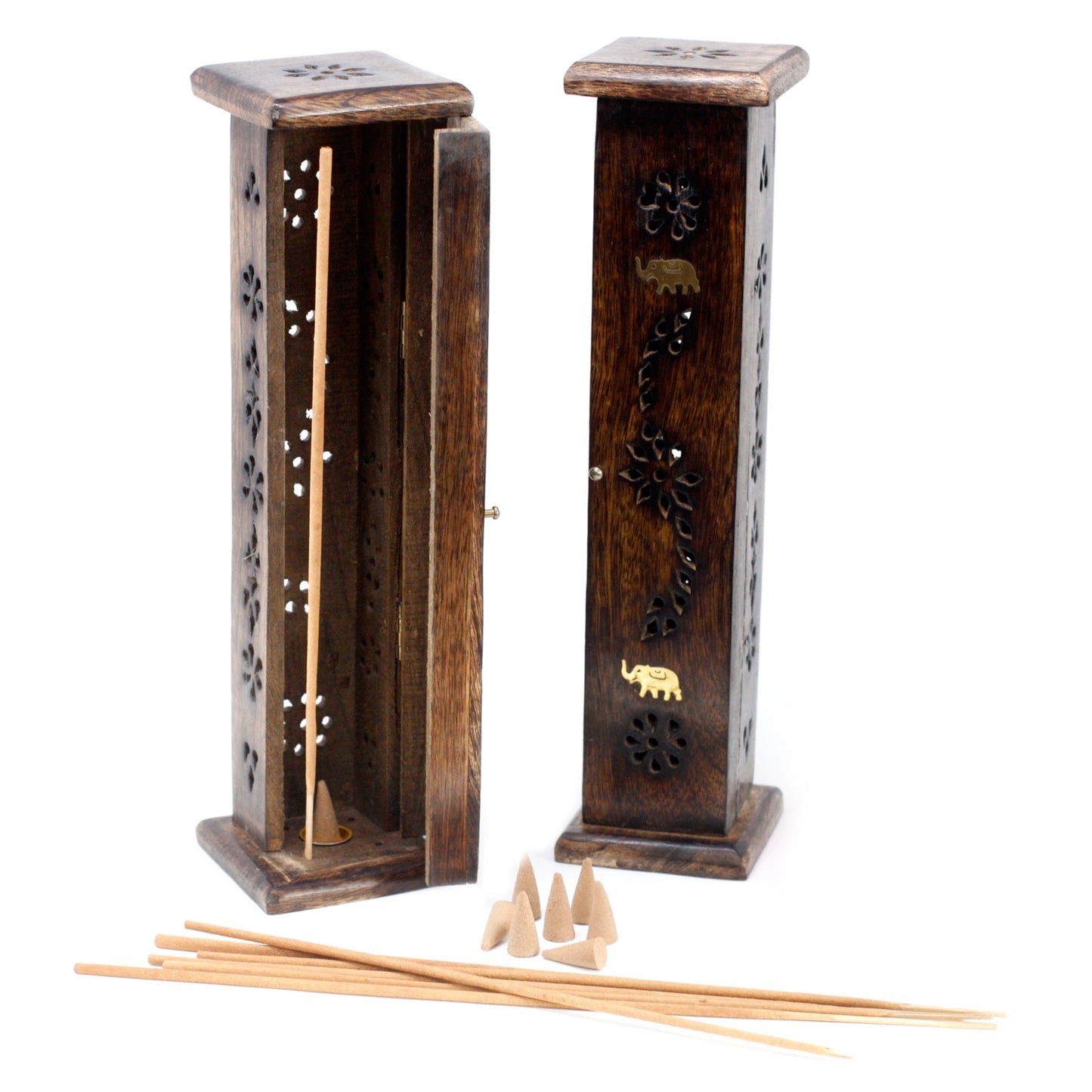 Image shows 2 mango wooden boxs, intricate engraving with 2 elephants on each piece engraved with brass, incense sticks, incense cones holder, burner. For home fragrance and decoration in the home. Cones and incense sticks next to open door of mango box