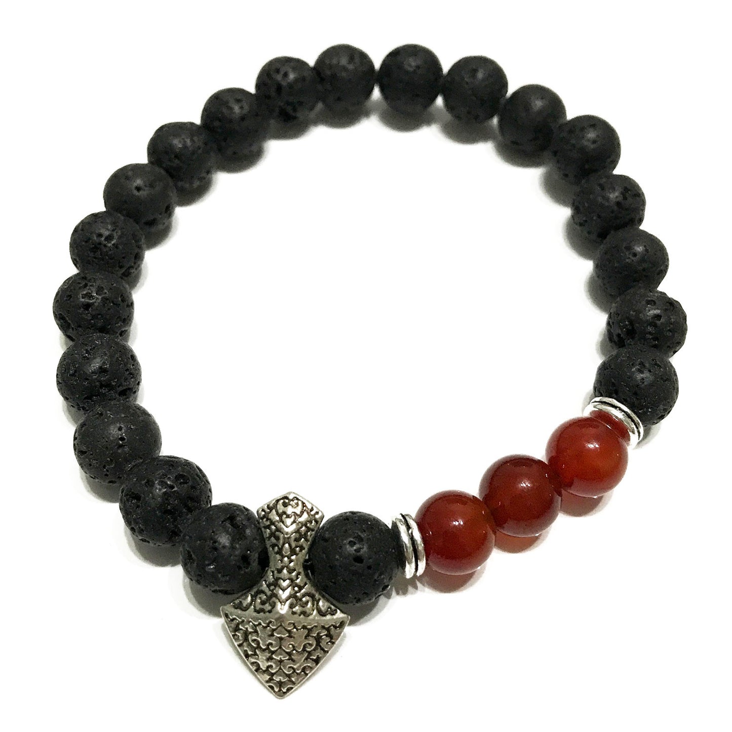 Lava stone bracelet with Axe-head Carnelian gemstones. Universal fit, perfect gift for aromatherapy enthusiasts. Shop now! on white background