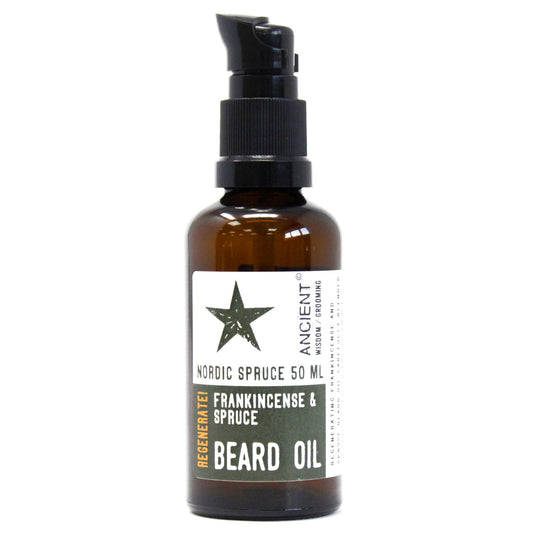 Image of a bottle of 50ml beard oil-Nordic spruce-regenerate. White background. Beard care, best beard oils UK