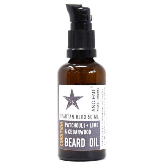 Image of bottle of 50ml beard oil, spartan hero, condition. white background