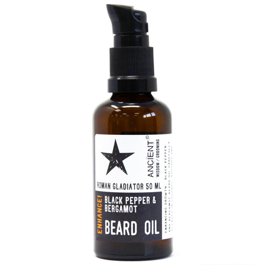 Image of 50ml Roman Gladiator beard oil, enhance. bottle upright with white background