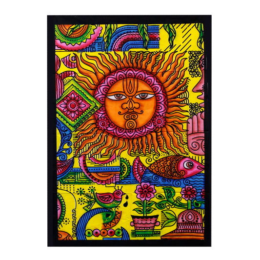 Cotton wall hanging with a vibrant sun design, handbrushed in India, measuring 115cm x 75cm.