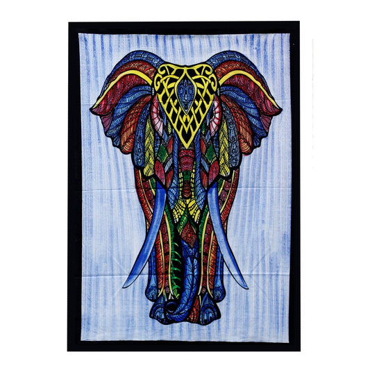 front picture, showing the Elephant in vibrant colours filling most of the cotton wall art, light blue background and black frame around the edge