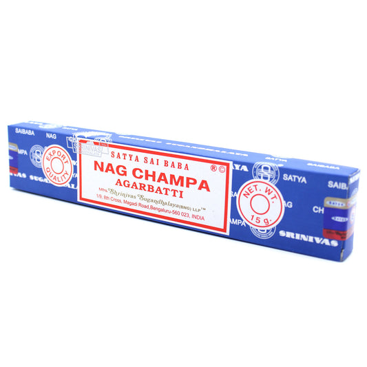 Image of iconic Nag Champa incense  sticks in blue box. Satya Sai Baba endorsed product