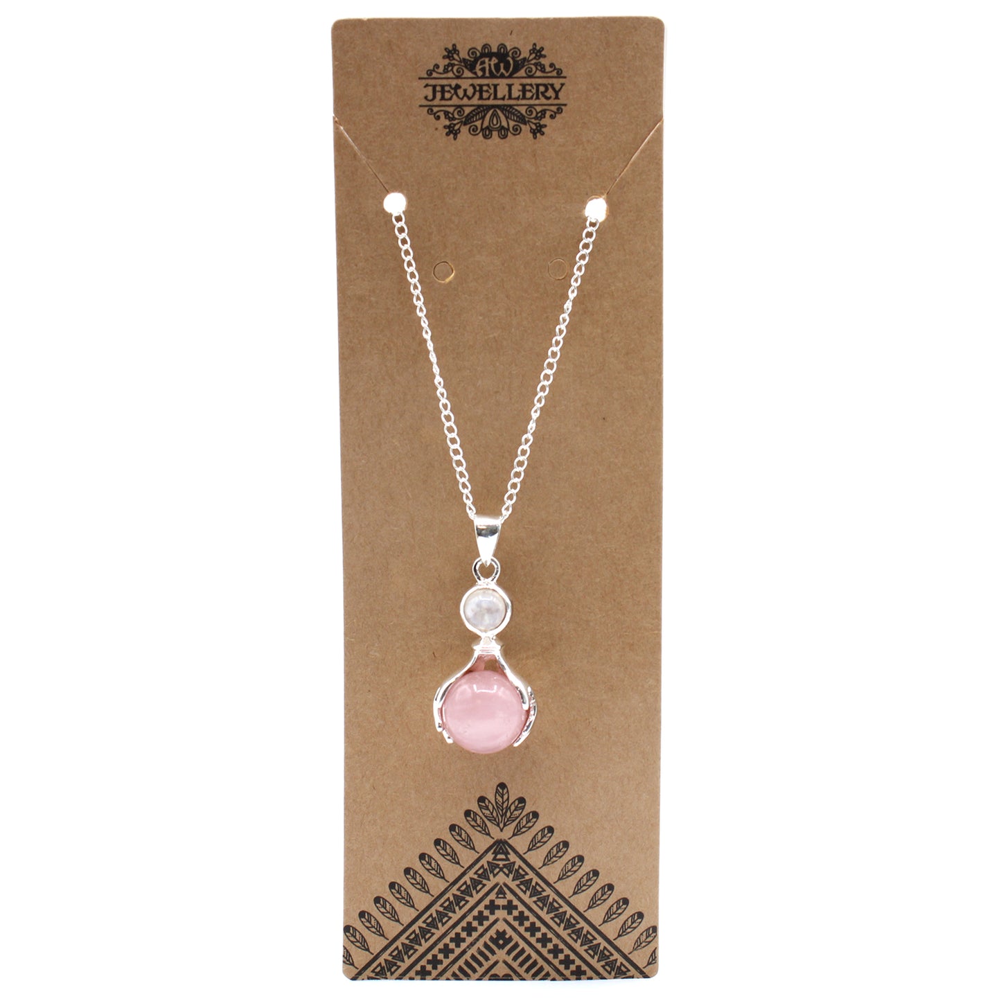 Image of Rose quartz pendant in brown packaging