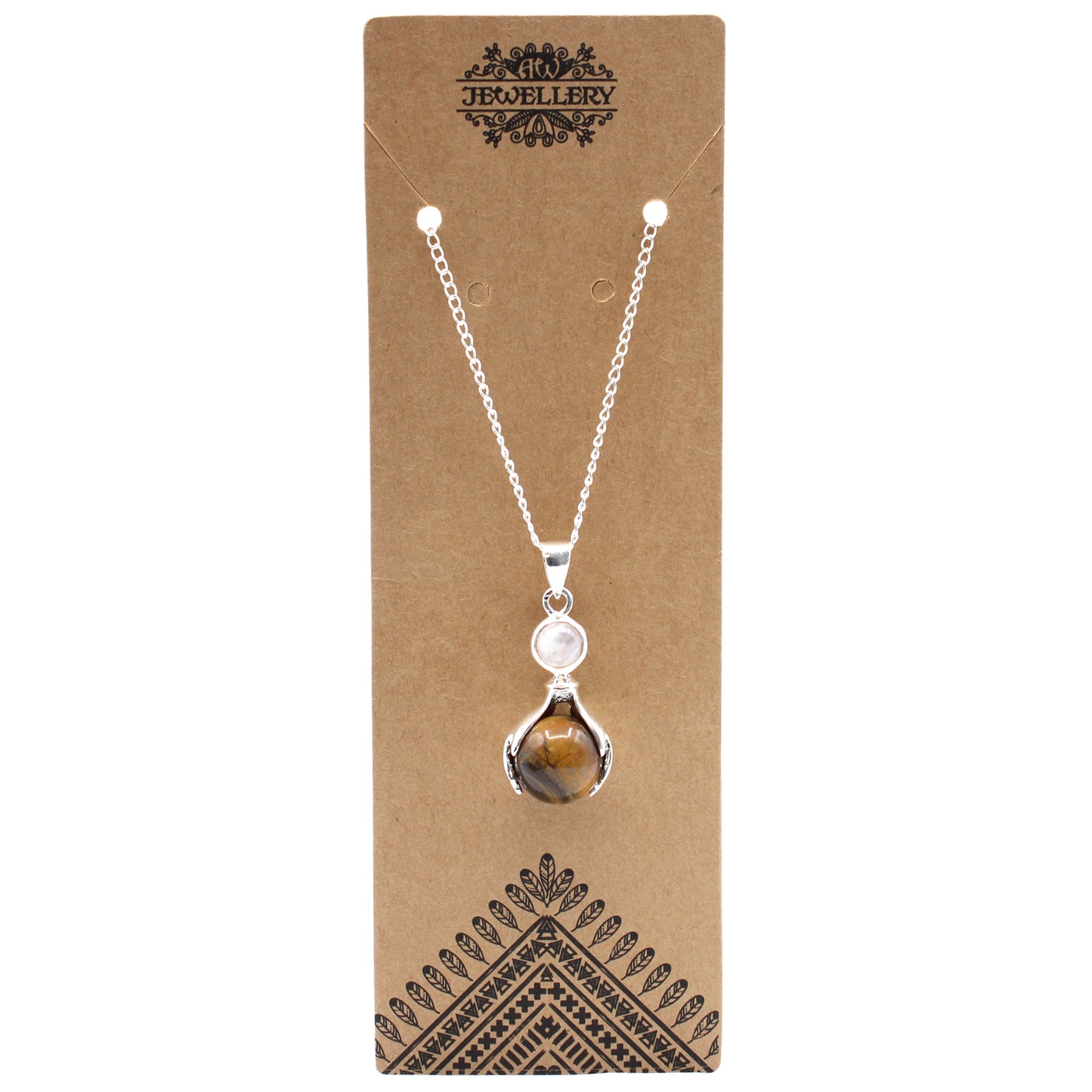 Image of tigers Eye pendant in brown packaging