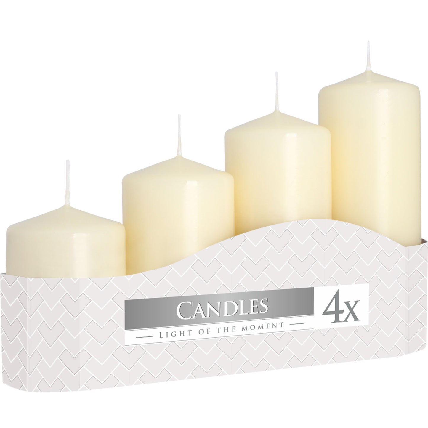 Box containing a set of 4 x premium pillar candles in various sizes, Ivory