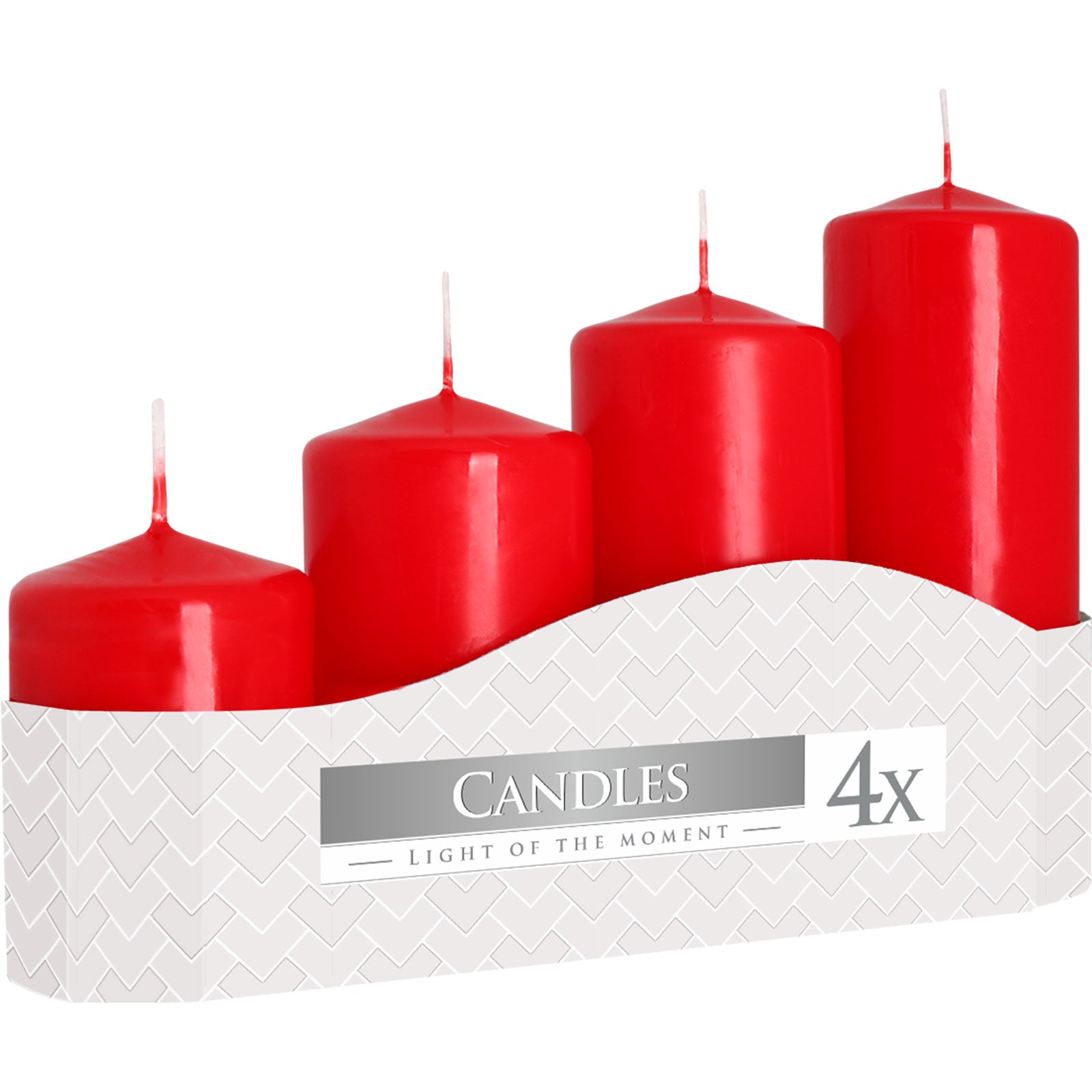 Box containing a set of 4 x premium pillar candles in various sizes, Red