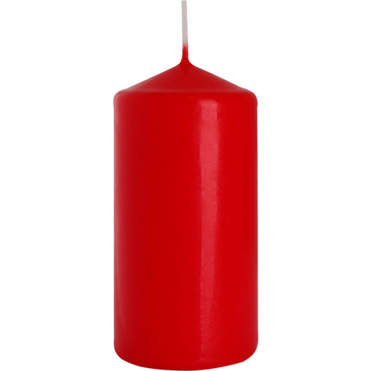 Close up of red Pillar candle measuring 60x120mm, crafted from premium paraffin wax, offering 38 hours of burning time.