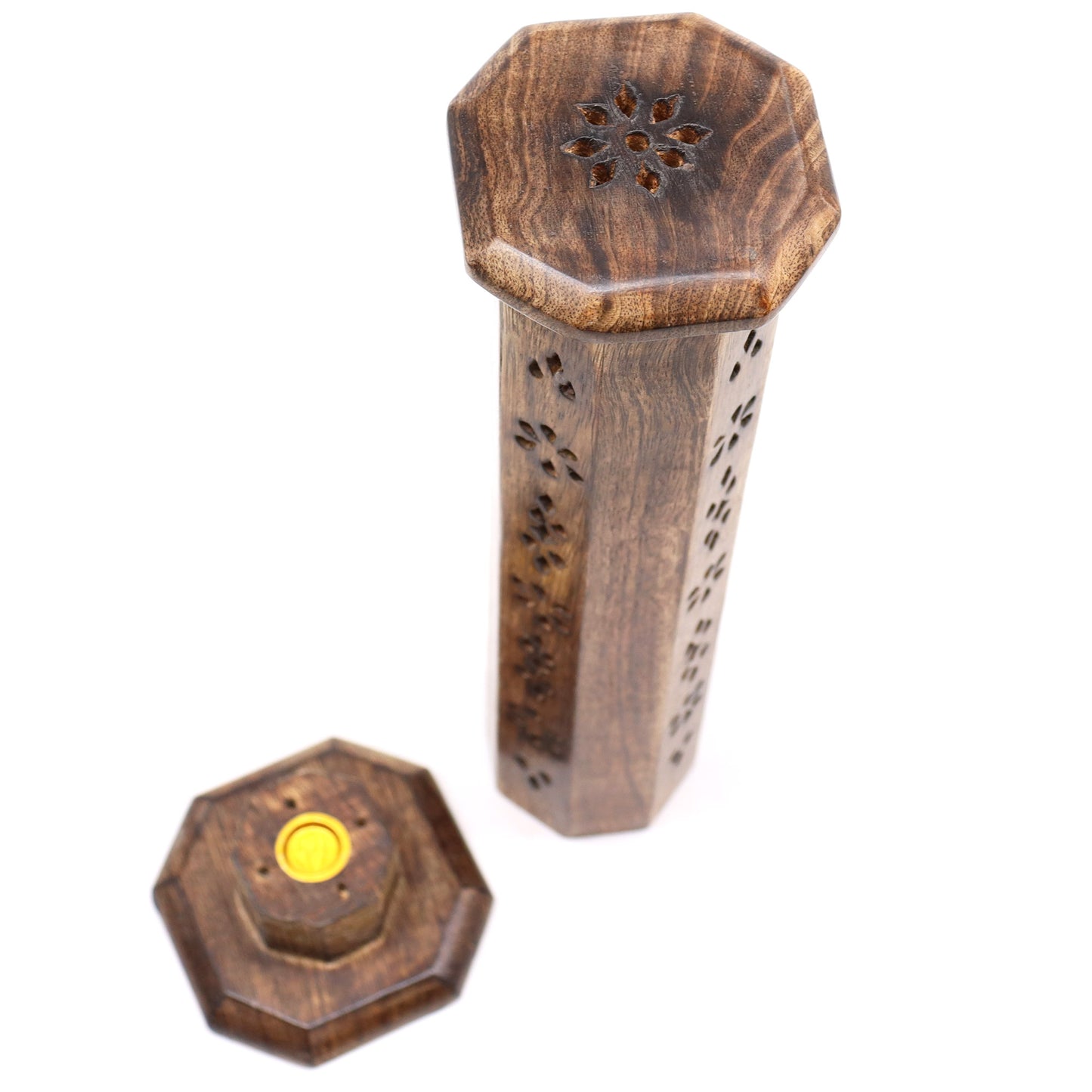 Image showing two smoke tower-hex design boxes of incense sticks, cones holders, burners one showing base for holding cones, sticks. Image from above