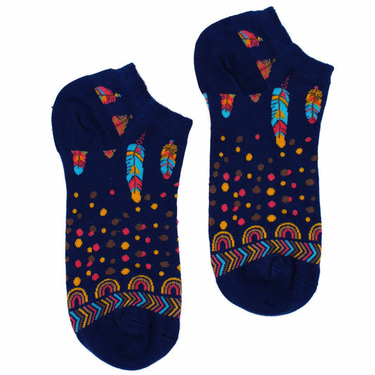 "Image: Pair of bamboo socks featuring  Indian Feathers motifs. Stylish, sustainable, and spiritually inspired design.