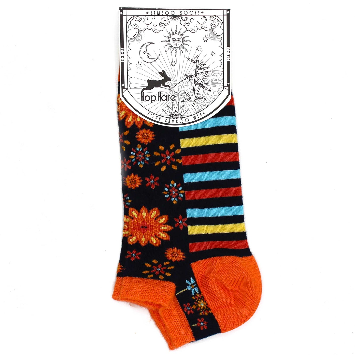 Image of single Mandalla design, bamboo sock, high wicking, eco, showing product label attached