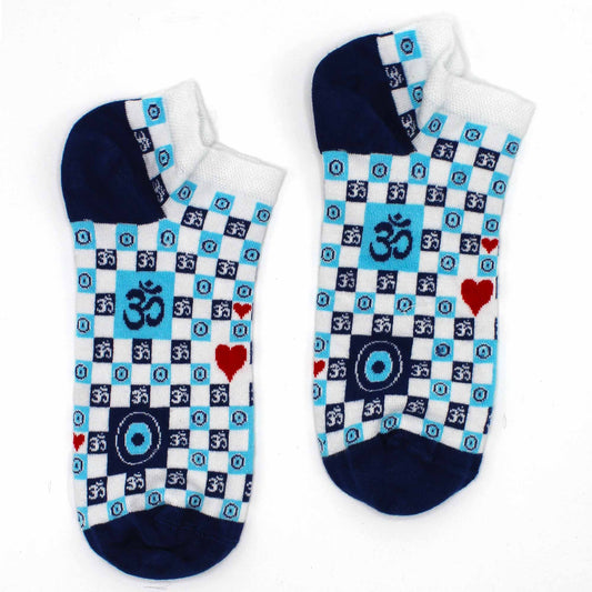 Image: Pair of bamboo socks featuring Ohm Evil Eye motifs. Stylish, sustainable, and spiritually inspired design.