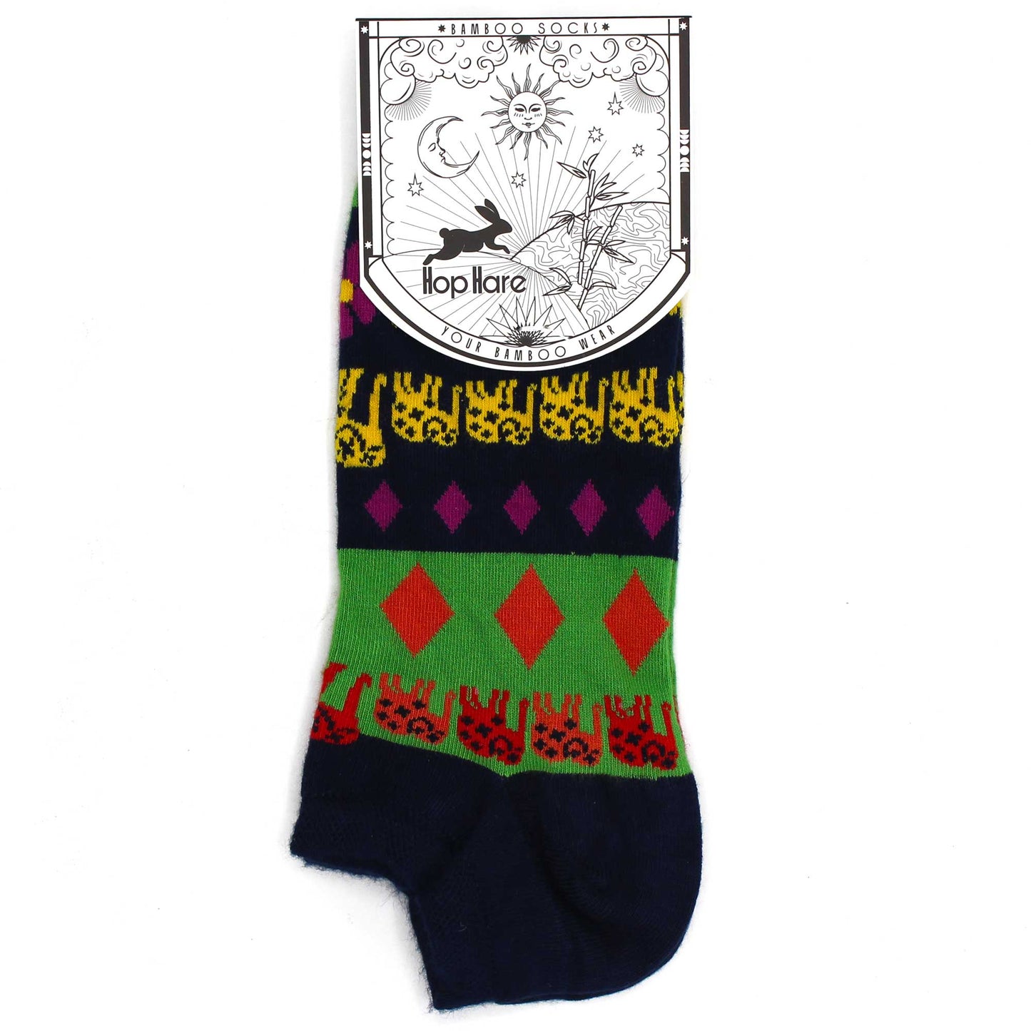 Image: single sock showing hop hare label attached to sock of bamboo socks featuring lucky elephant motifs. Symbolic design representing harmony and sustainability.