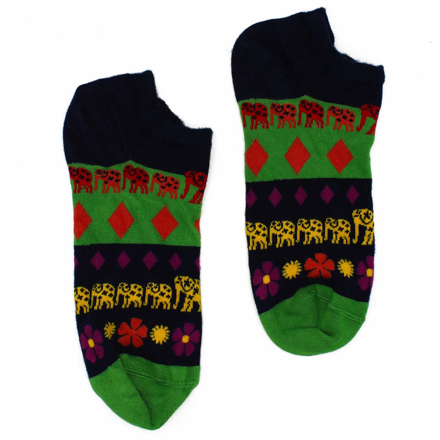 Image: Pair of bamboo socks featuring lucky elephant motifs. Symbolic design representing harmony and sustainability.