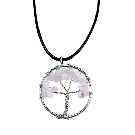 Image of Tree of Life Pendant with Rose Quartz gemstones, symbolising love and tranquility.