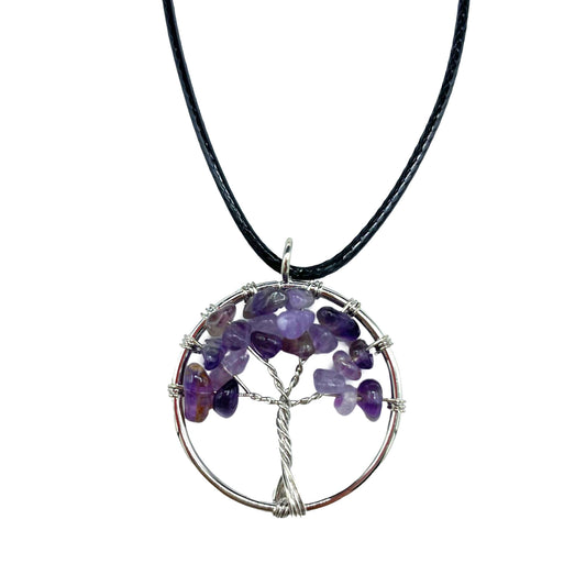 Image of a women's  tree of life pendant featuring  beautiful amethyst gemstones, symbolizing elegance and sophistication. Front close up image