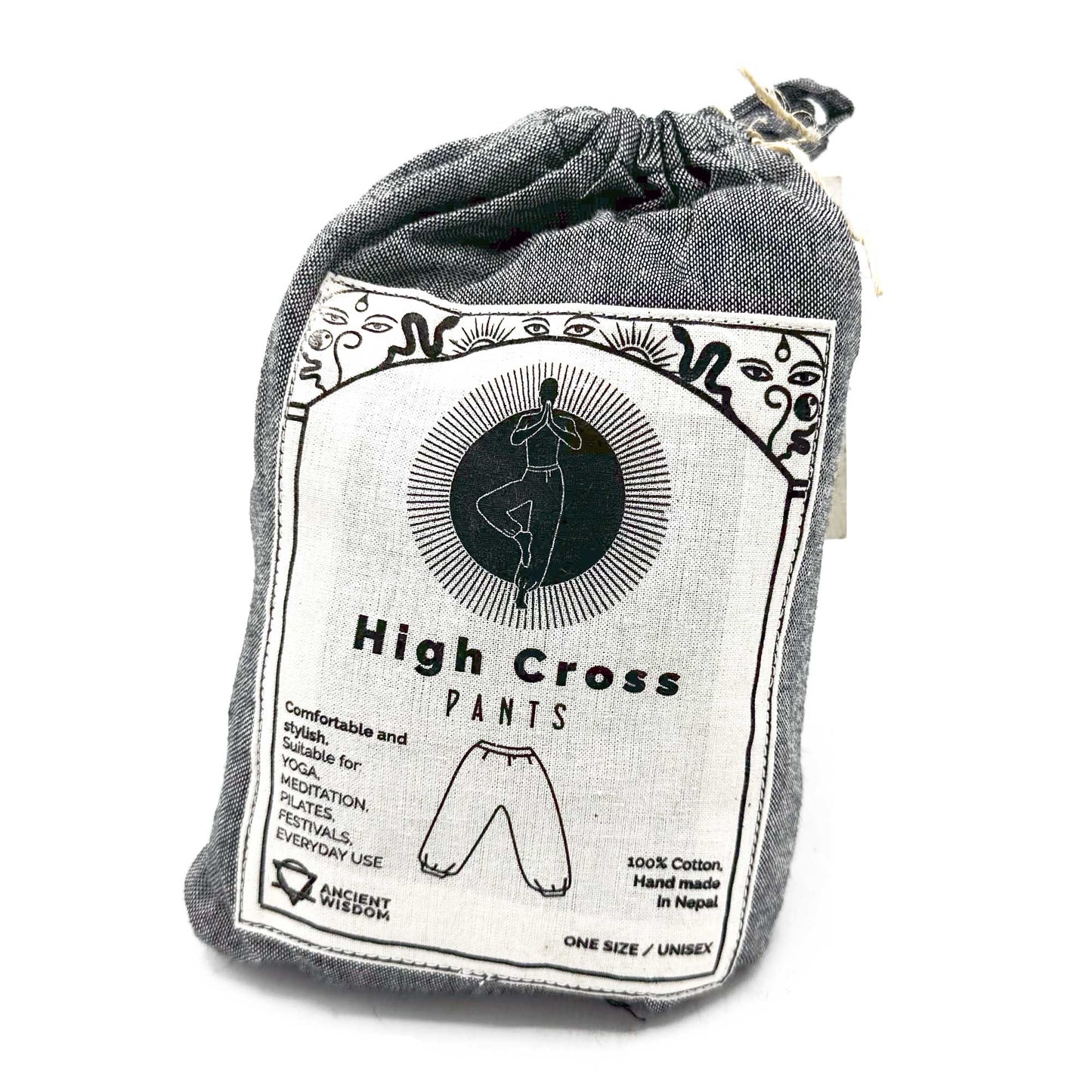 High cross yoga and festival pants in a compact pouch, himalayan print on grey, one size