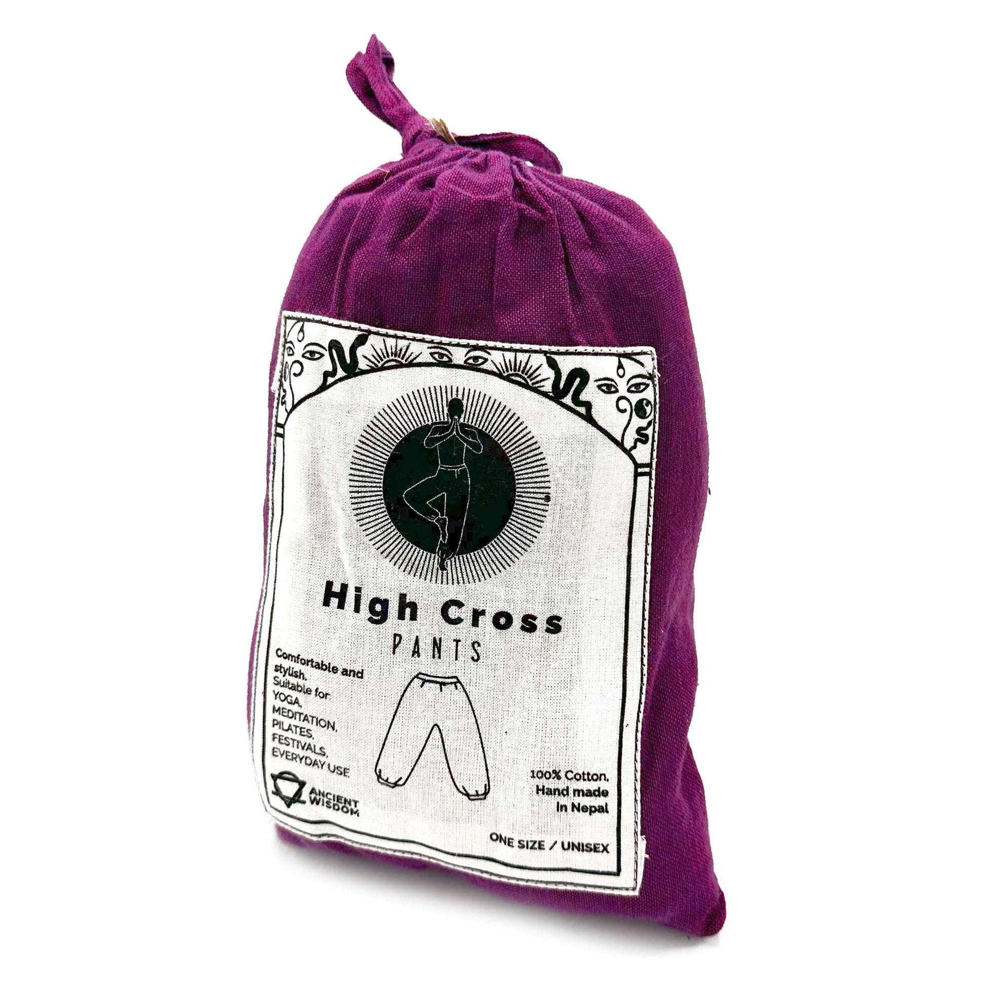 High cross yoga and festival pants in a compact pouch, himalayan print on purple, one size