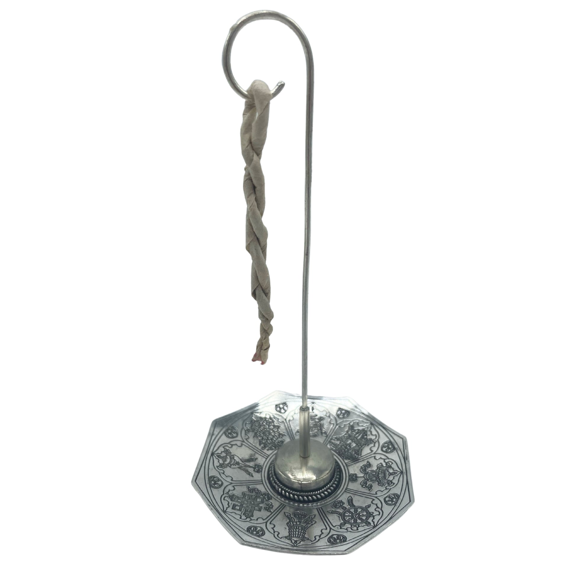 Image shows rope incense hooked onto the silver plated holder