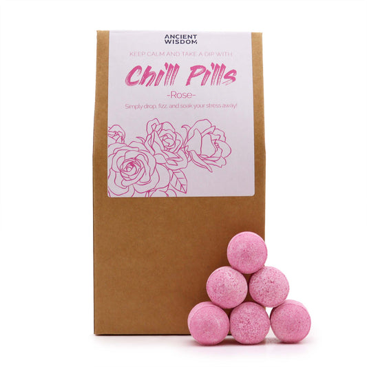 Chill Pills Gift Pack 350g - Rose: Handmade mini bath bombs with a pink label  with floral decoration.