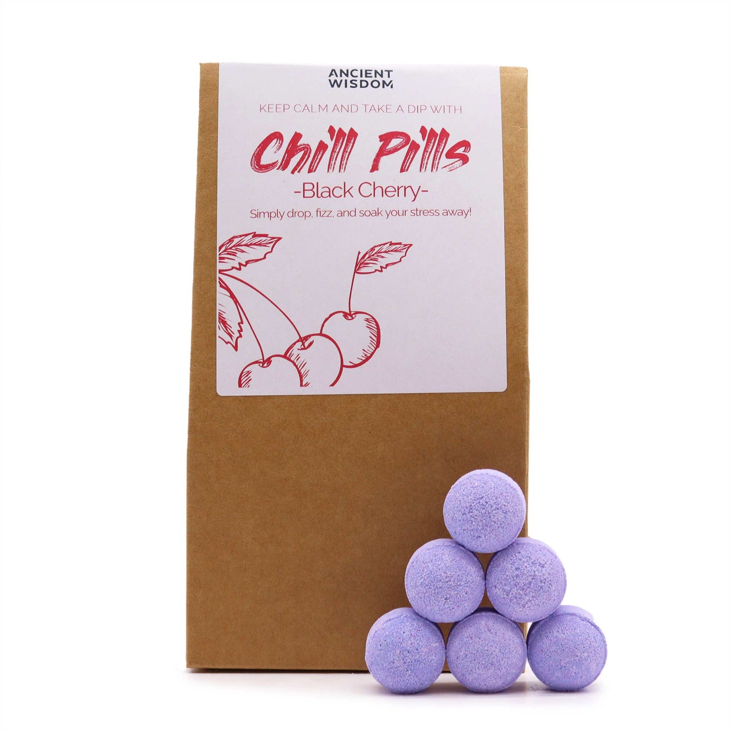 Image of 6 black cherry mini bath bombs stacked neatly against brown packaging, label with pictures of cherries