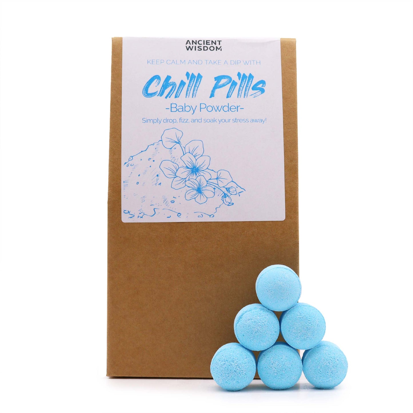 Image of baby powder chill pills bath bombs, 6 mini bath bombs neatly stacked against brown packaging