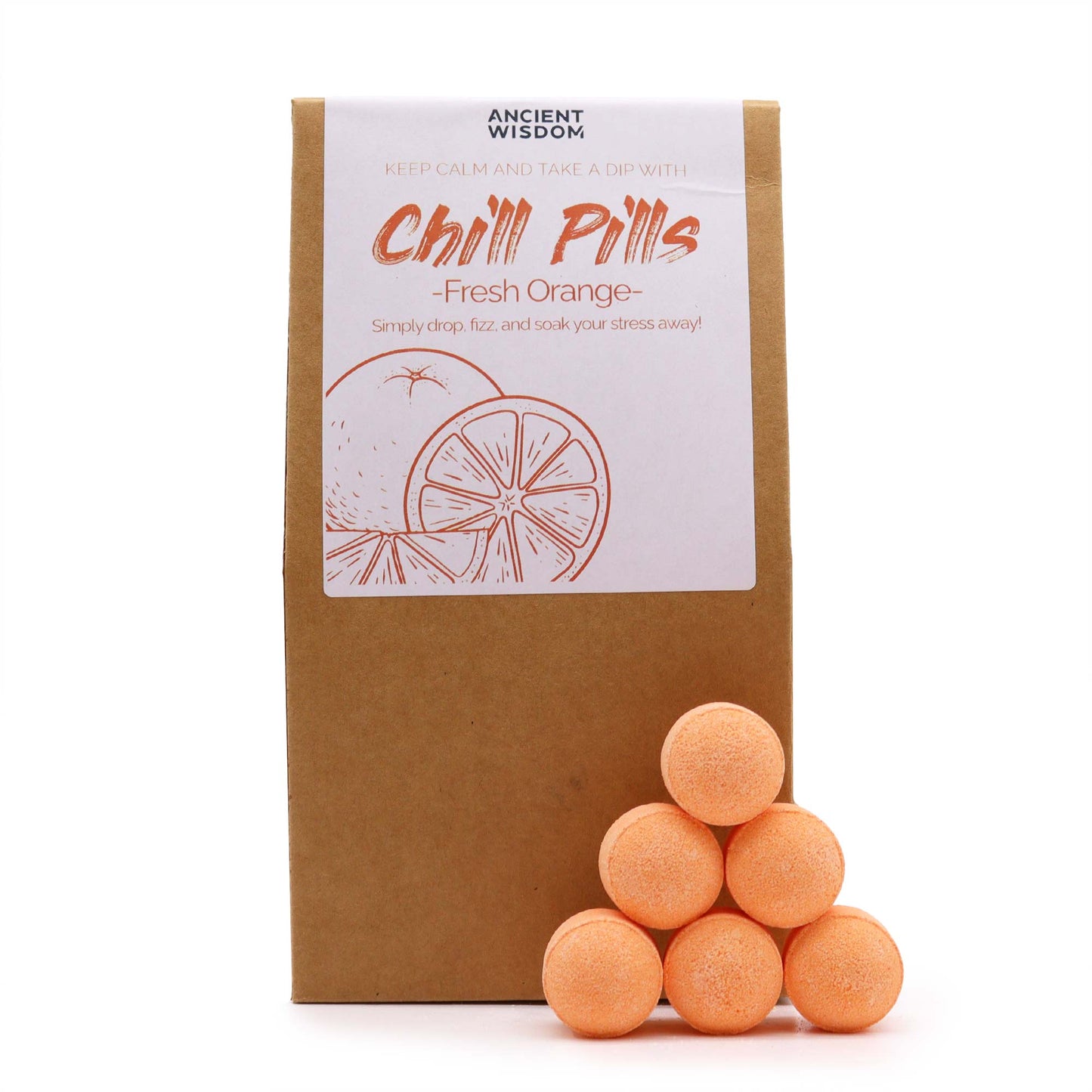 Image of 6 mini bath bombs in fresh orange, against eco friendly brown packaging