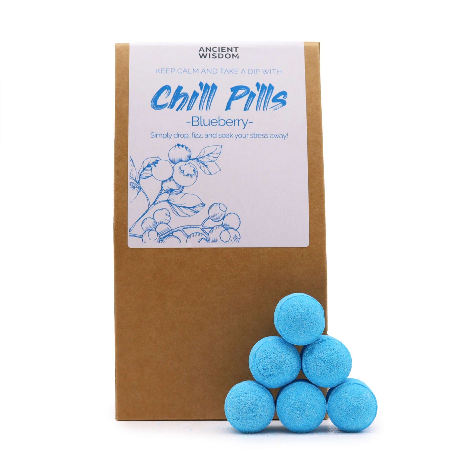 Image of Blueberry mini bath bombs resting against eco friendly brown packaging