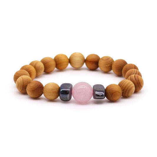 Handmade cedarwood and gemstone unisex bracelet with 7cm diameter, featuring natural wooden beads and vibrant gemstones, eco-friendly and stylish. Rose Quartz gemstone