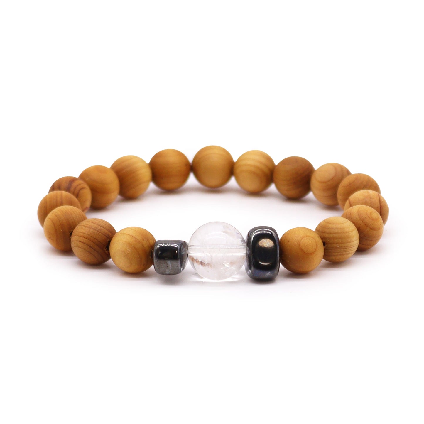 Handcrafted unisex cedarwood and gemstone bracelet with 7cm diameter, featuring natural wooden beads and vibrant gemstones, perfect for eco-friendly fashion. On white background