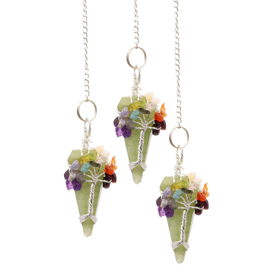 Magic Pendulum-Seven Chakra, Aventurine gemstones. Three gemstone pendulums hanging on silver chains against a white background. Ideal for dowsing, divination, energy healing, meditation.