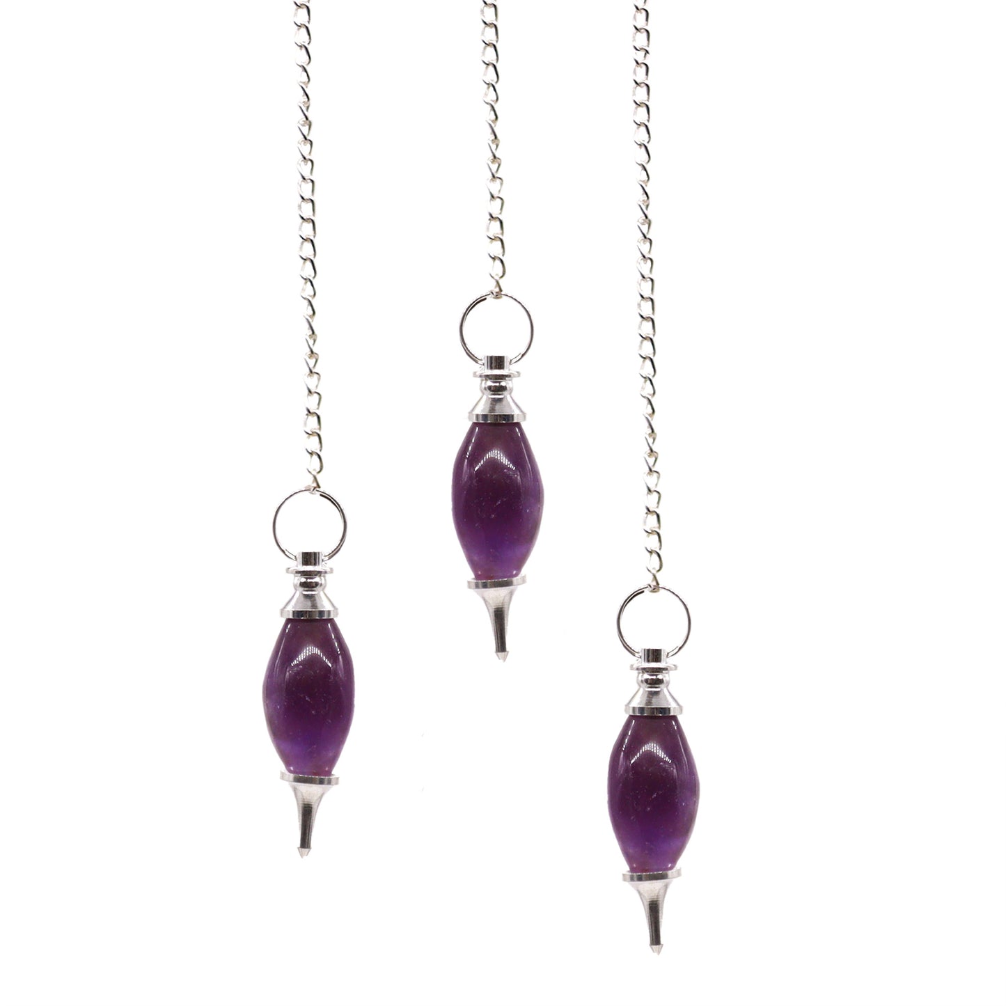 Three gemstone pendulums with silver-plated chains, featuring, Amethyst crystals, against white background, dowsing, divination, healing use.