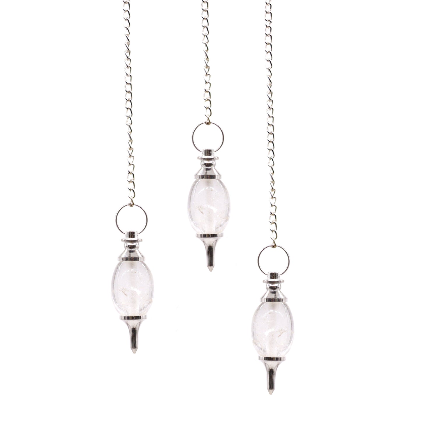 Three gemstone pendulums with silver-plated chains, featuring rock quartz crystals, against white background, dowsing, divination, healing use.