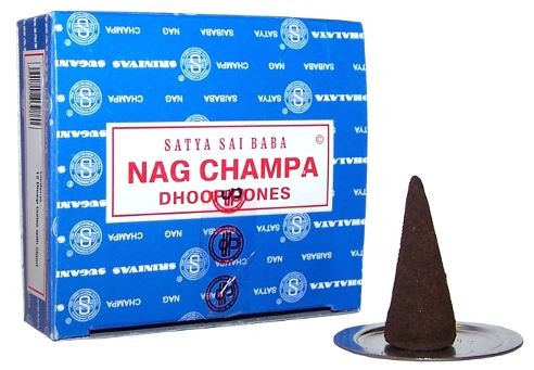 Image shows large distinct  Nag Champa blue box with dhoop cones. Satya sai baba endorsed. Shows a single cone on cone holder in front of box