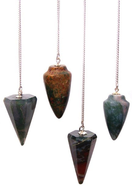 Image of 4 gemstone pendulums hanging on silver plated chains, against white background. Perfect divination and dowsing tool.