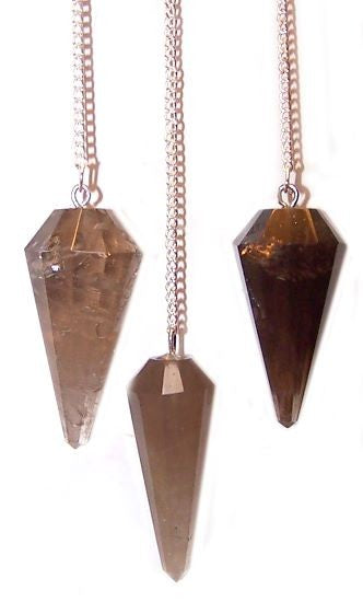 Image shows three smoky Quartz pendulums hanging on silver plated chain, ideal for divination, dowsing, healing