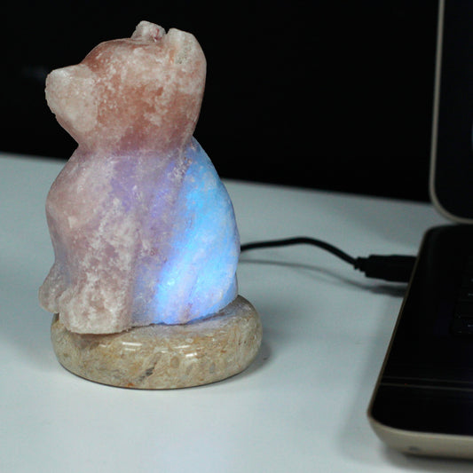  Multicolor Himalayan salt lamp glowing softly, casting a serene ambiance in a room. Showing USB connected into lap top