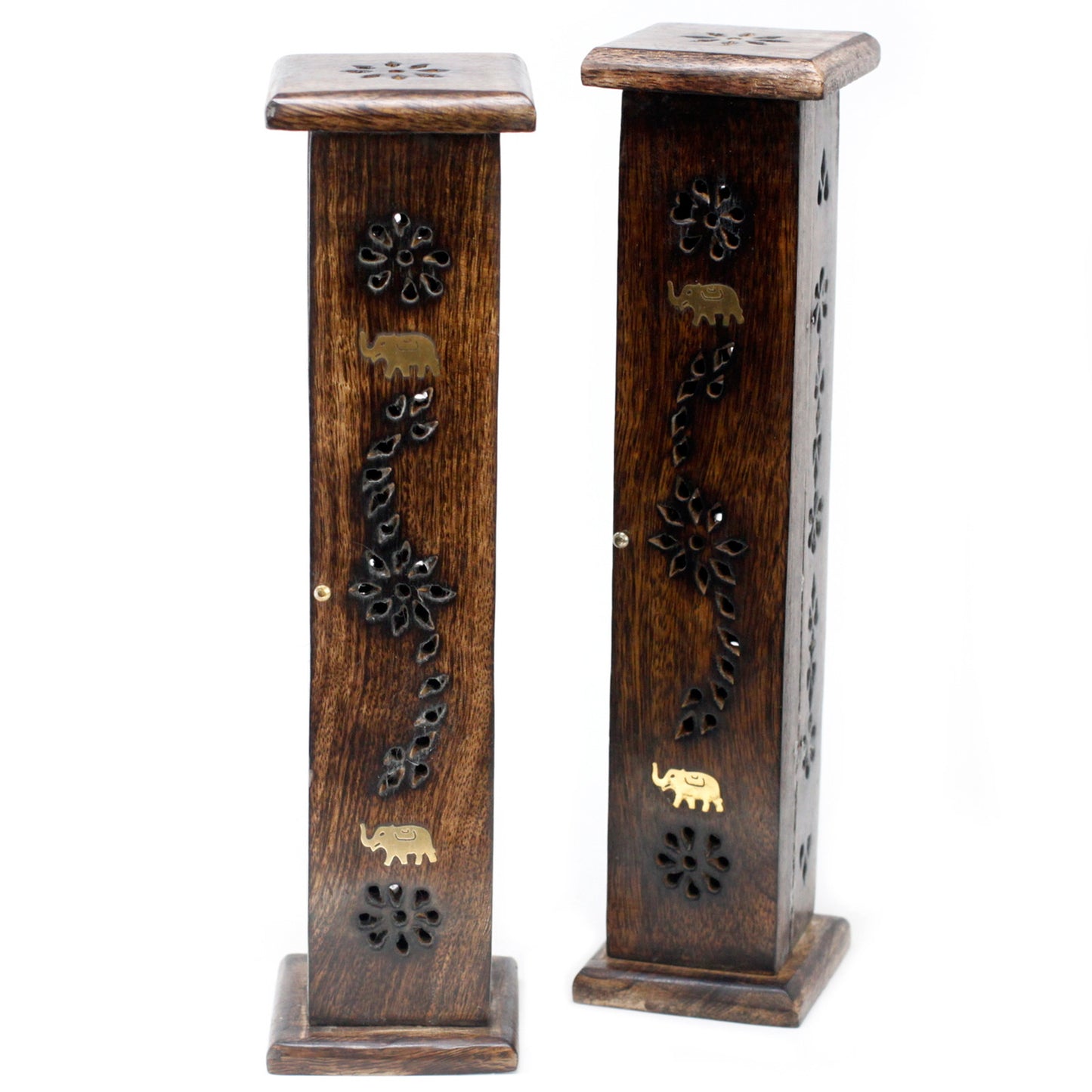 Image shows 2 mango wooden boxs, intricate engraving with 2 elephants on each piece engraved with brass, incense sticks, incense cones holder, burner. For home fragrance and decoration in the home.