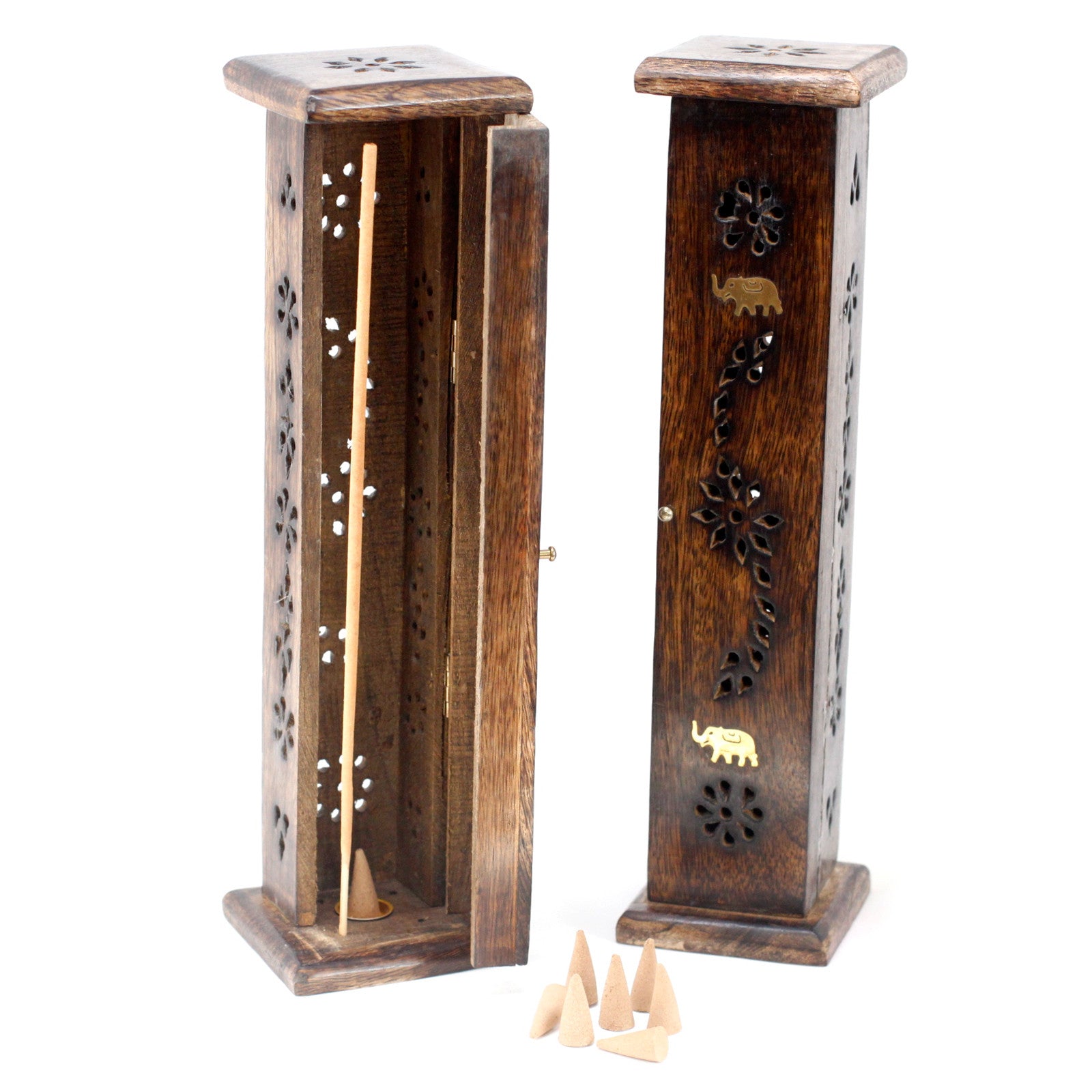 Image shows 2 mango wooden boxs, intricate engraving with 2 elephants on each piece engraved with brass, incense sticks, incense cones holder, burner. For home fragrance and decoration in the home. Image shows one of the box open and stick & Cone in situ.