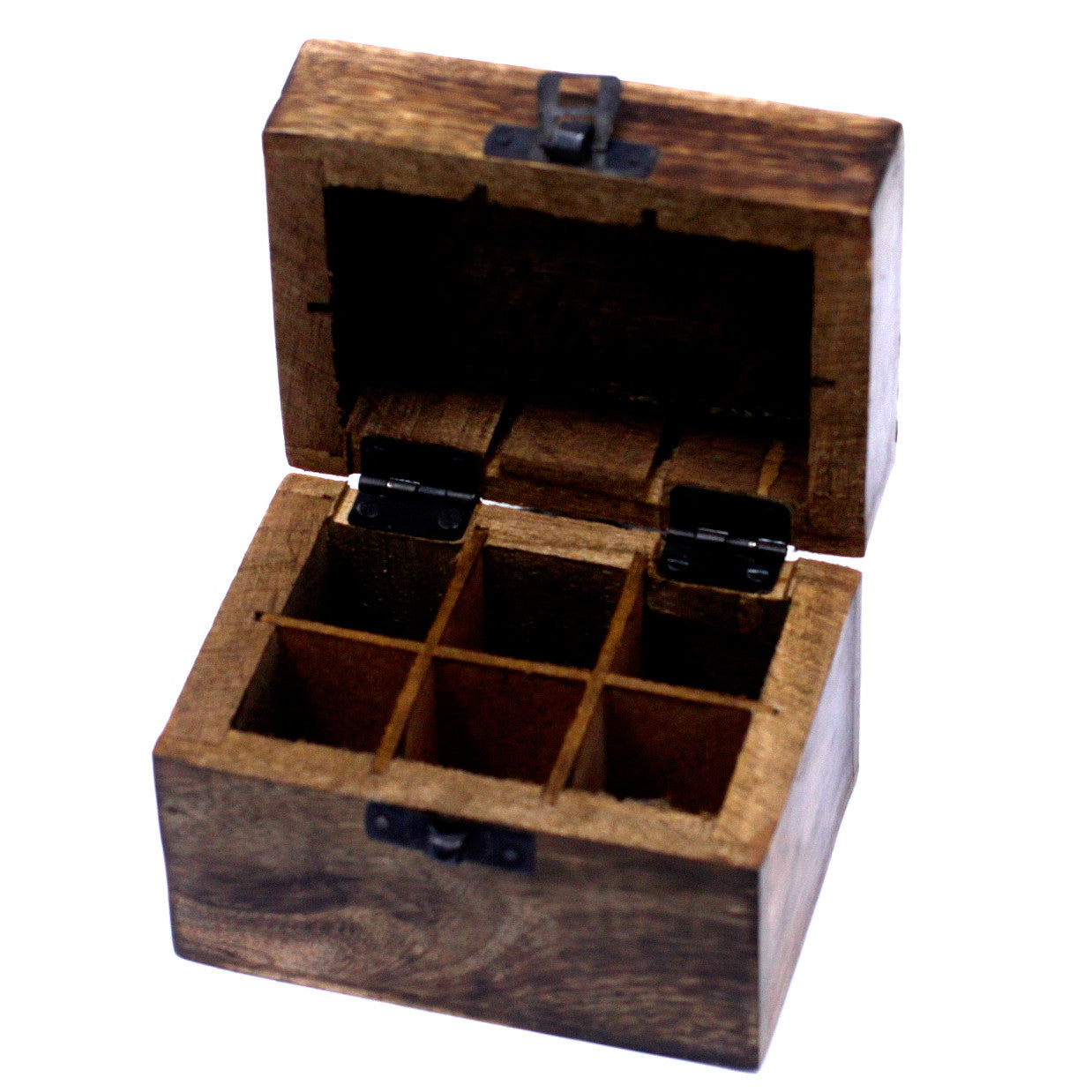 Mango wooden storage box opened showing 6 compartments to hold bottles of essential oils, 10ml bottles