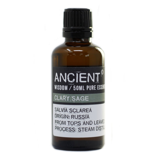 50ml Clary Sage Essential Oil bottle surrounded by clary sage leaves, symbolizing relaxation and aromatherapy.