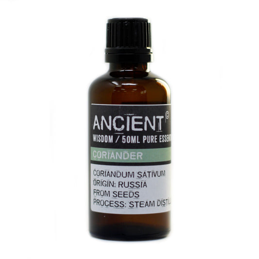 50ml Coriander Seed Essential Oil bottle with coriander seeds, symbolizing wellness and aromatherapy.