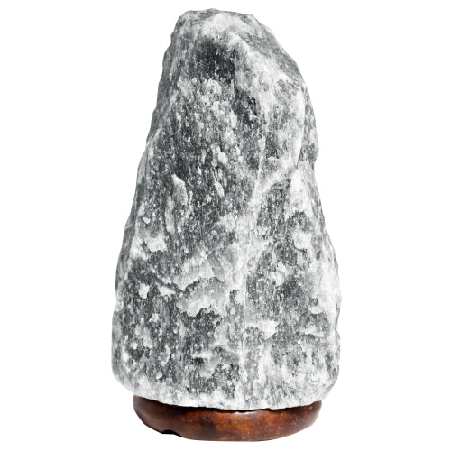 Image of a grey himalayan salt lamp on a wooden base, white background