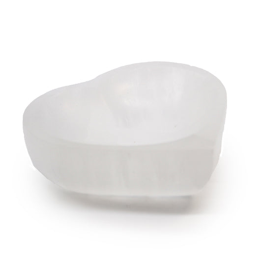 Front image of Selenite Heart Bowl: A decorative stone bowl emitting a soft glow, perfect for enhancing spirituality and decor.