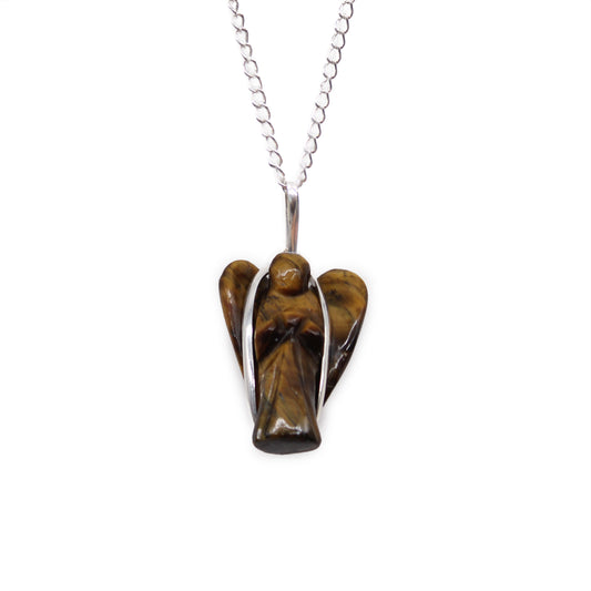 Image of Tigers eye gemstone angel pendant with silver plated chain