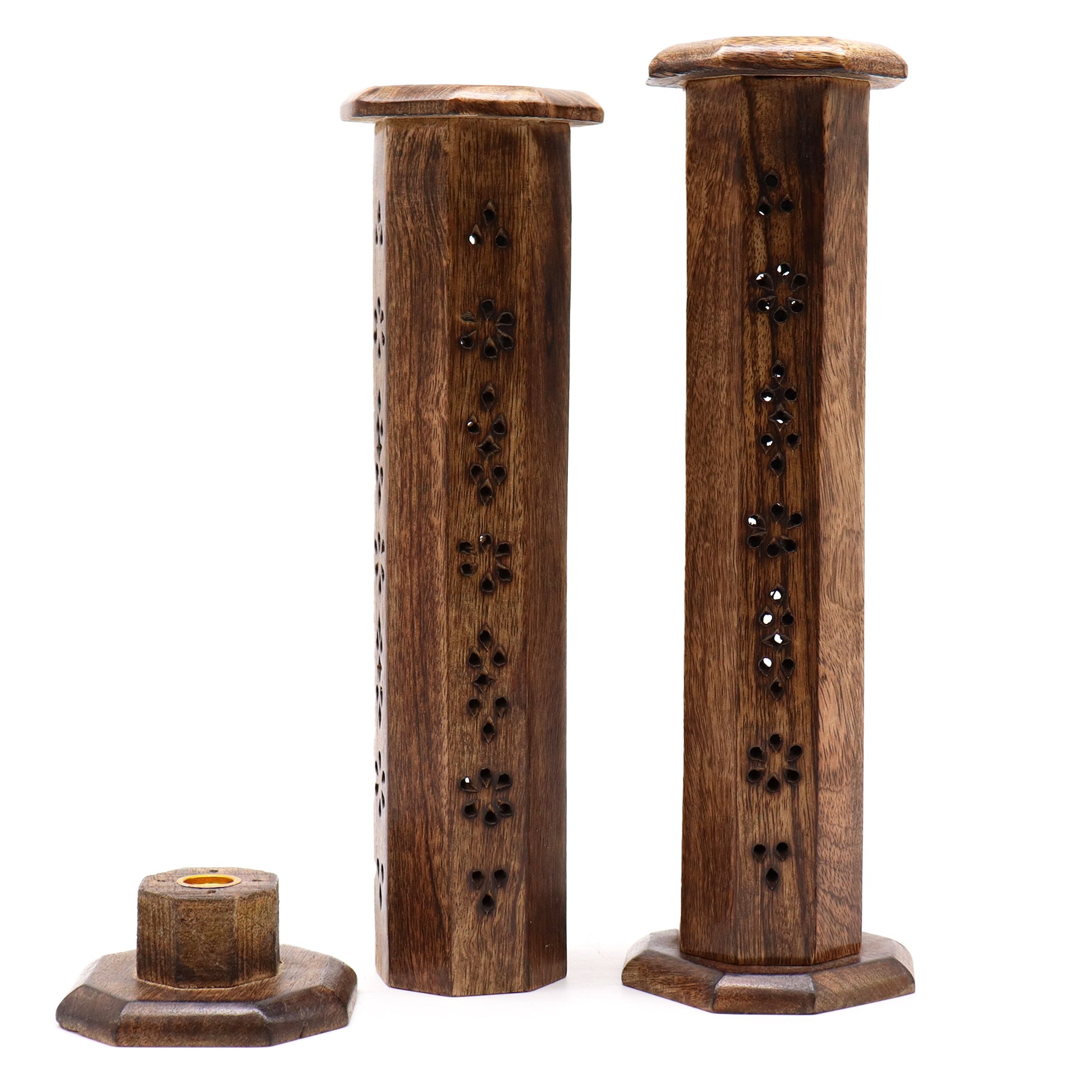 Image showing two smoke tower-hex design boxes of incense sticks, cones holders, burners one showing base for holding cones, sticks. Close up